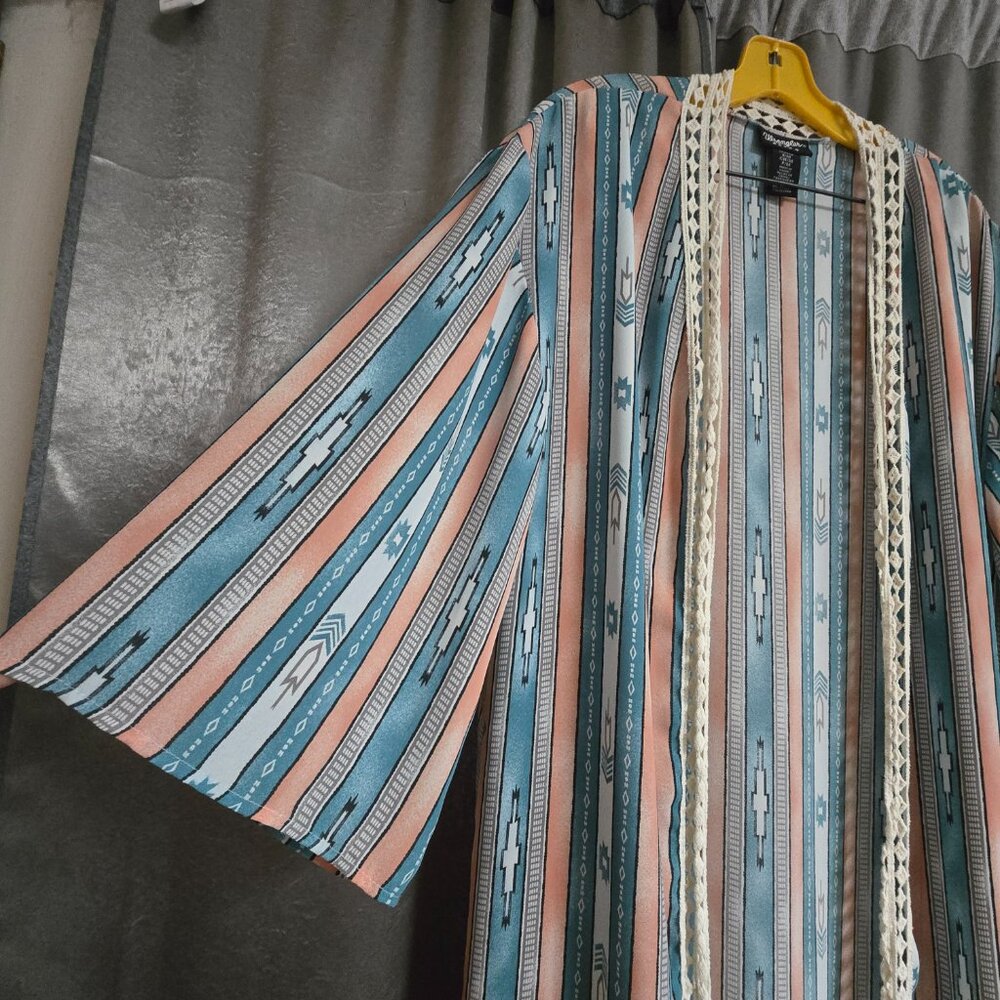 Wrangler Retro Multicolor Aztec Size S EUC Long Duster Kimono Western Boho - Picture 2 of 6
